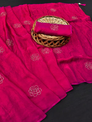 Peachmode Rani Pink Satin Floral Embroidered Saree - Image 2