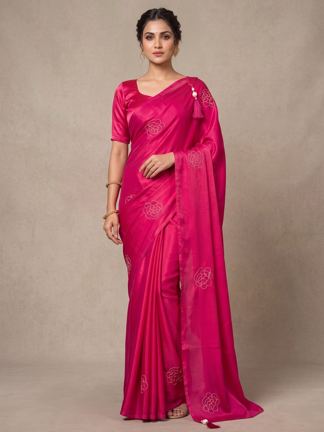 Peachmode Rani Pink Satin Floral Embroidered Saree - Image 4