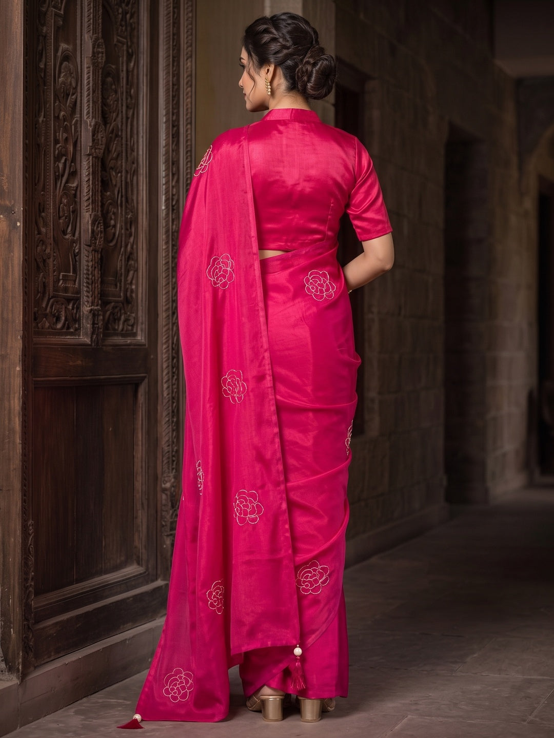 Peachmode Rani Pink Satin Floral Embroidered Saree - Image 5