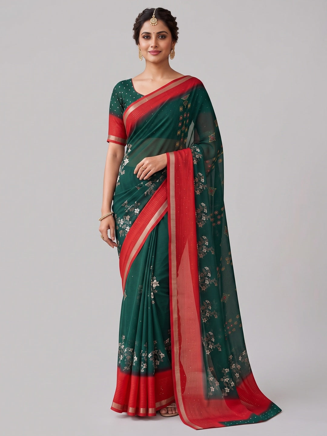 Peachmode Green Floral Printed Georgette Saree With Sequin Border - Image 2