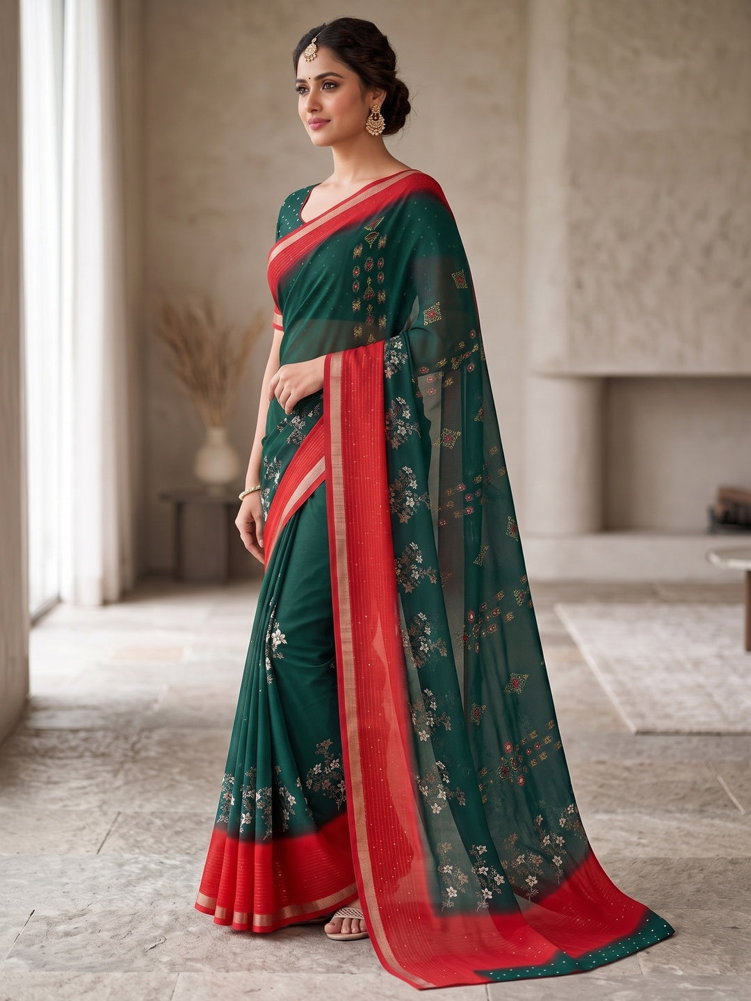Peachmode Green Floral Printed Georgette Saree With Sequin Border - Image 3