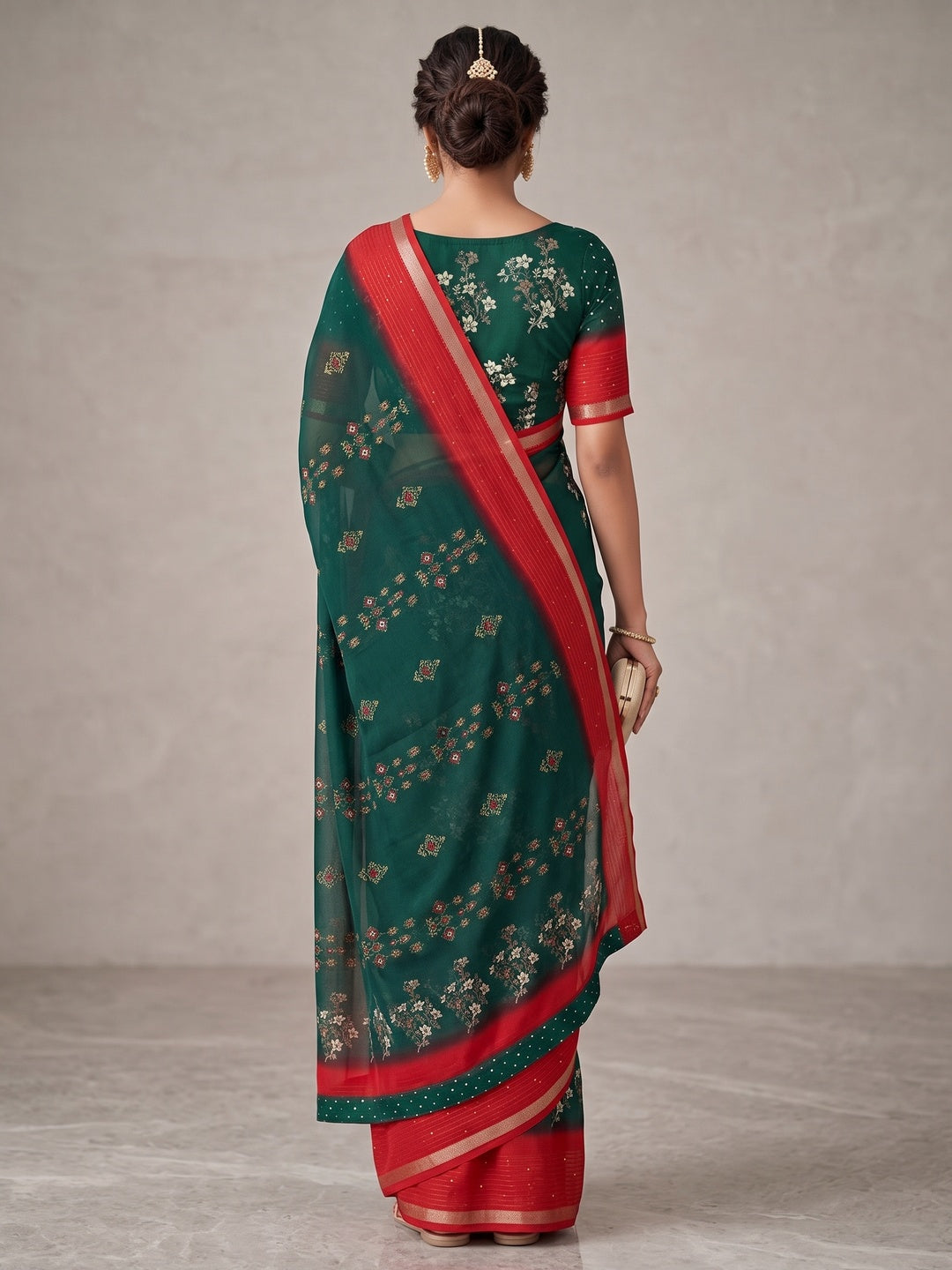 Peachmode Green Floral Printed Georgette Saree With Sequin Border - Image 5