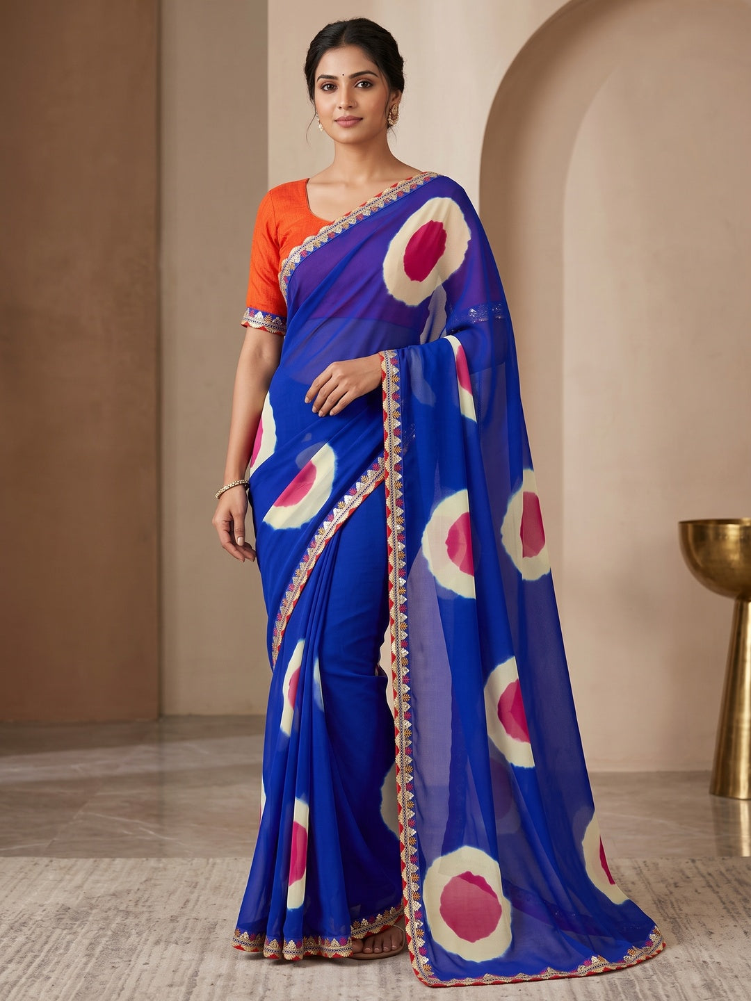 Peachmode Blue Abstract Printed Georgette Saree With Sequin Lace Border - Image 1