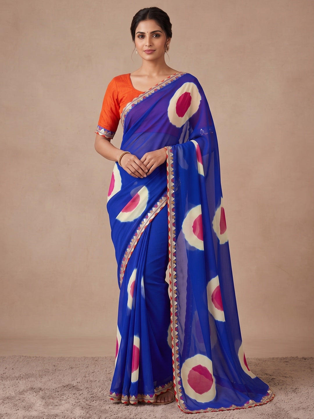 Peachmode Blue Abstract Printed Georgette Saree With Sequin Lace Border - Image 2