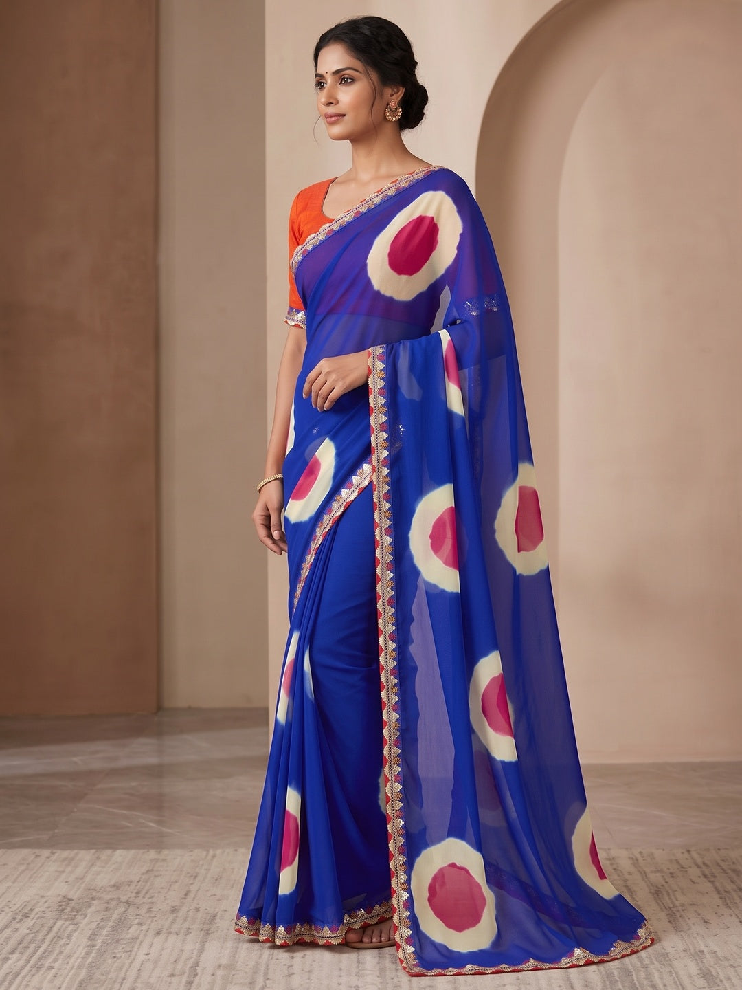Peachmode Blue Abstract Printed Georgette Saree With Sequin Lace Border - Image 4