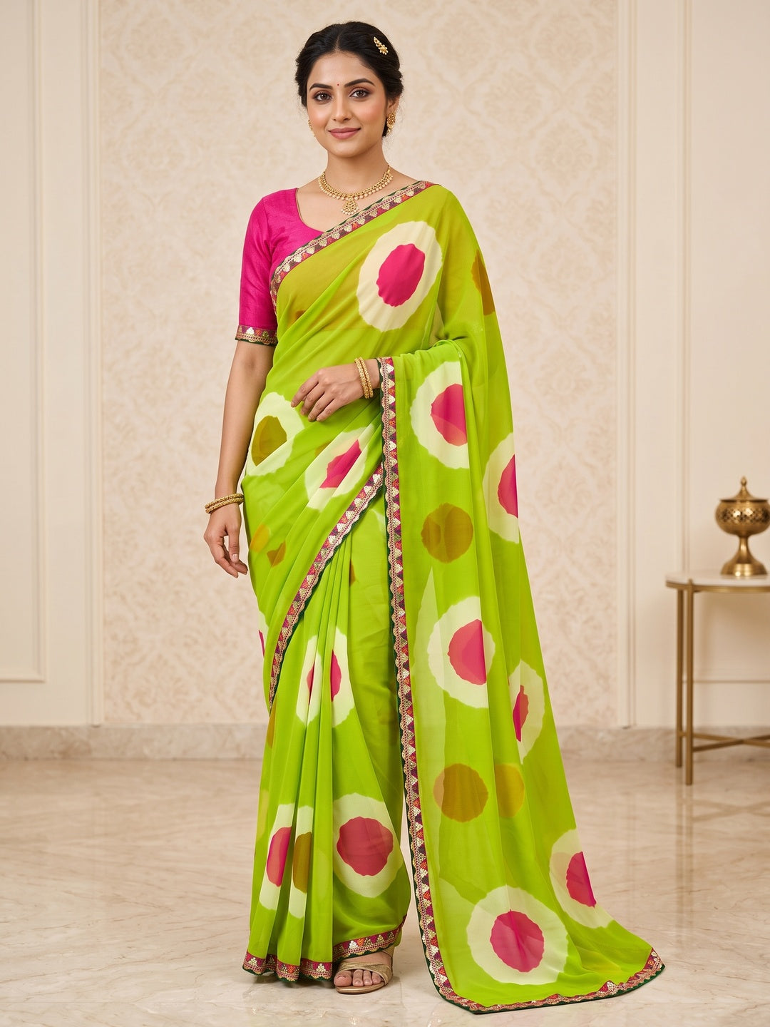 Peachmode Parrot Green Abstract Printed Georgette Saree With Sequin Lace Border - Image 1