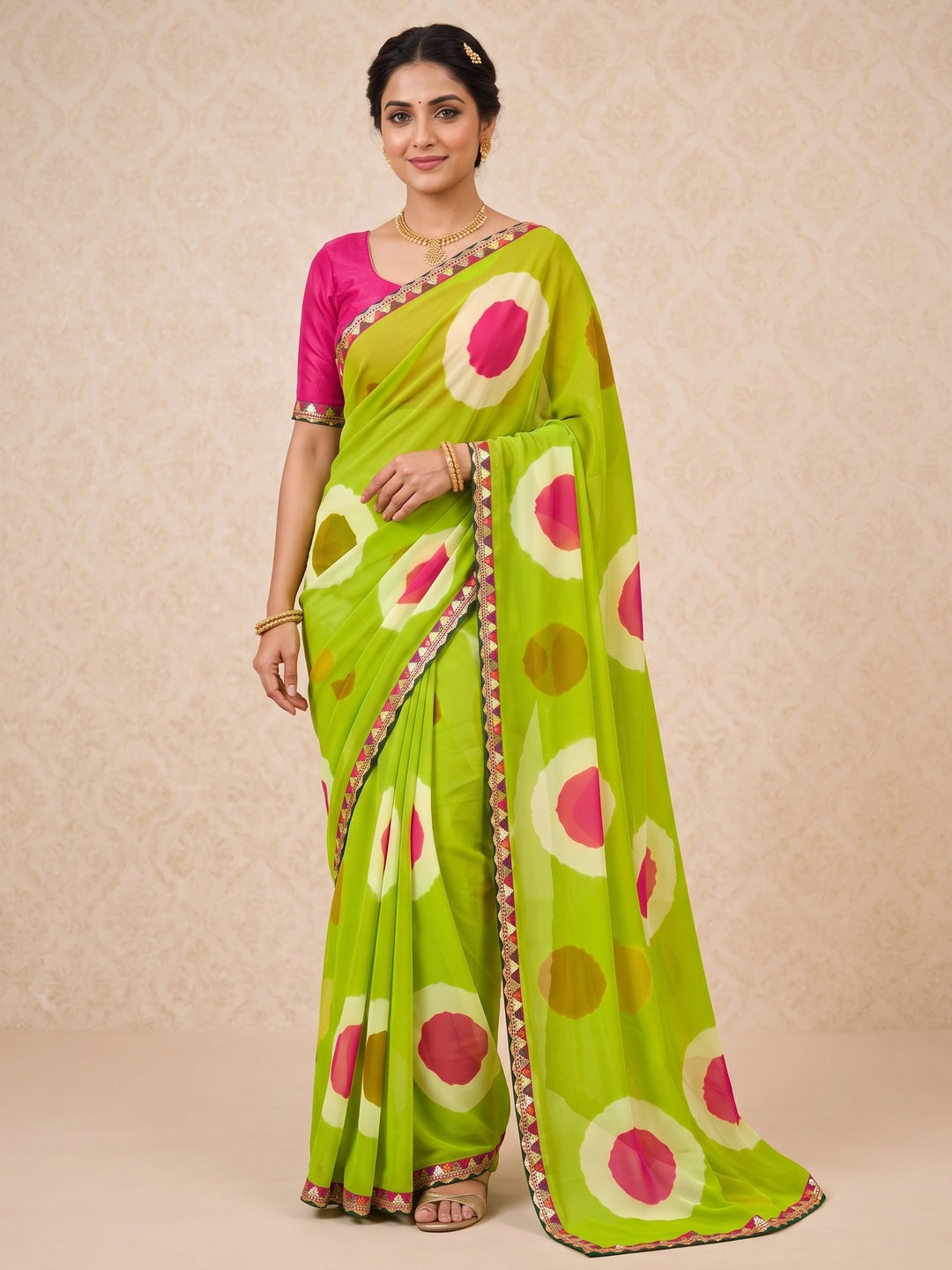Peachmode Parrot Green Abstract Printed Georgette Saree With Sequin Lace Border - Image 2