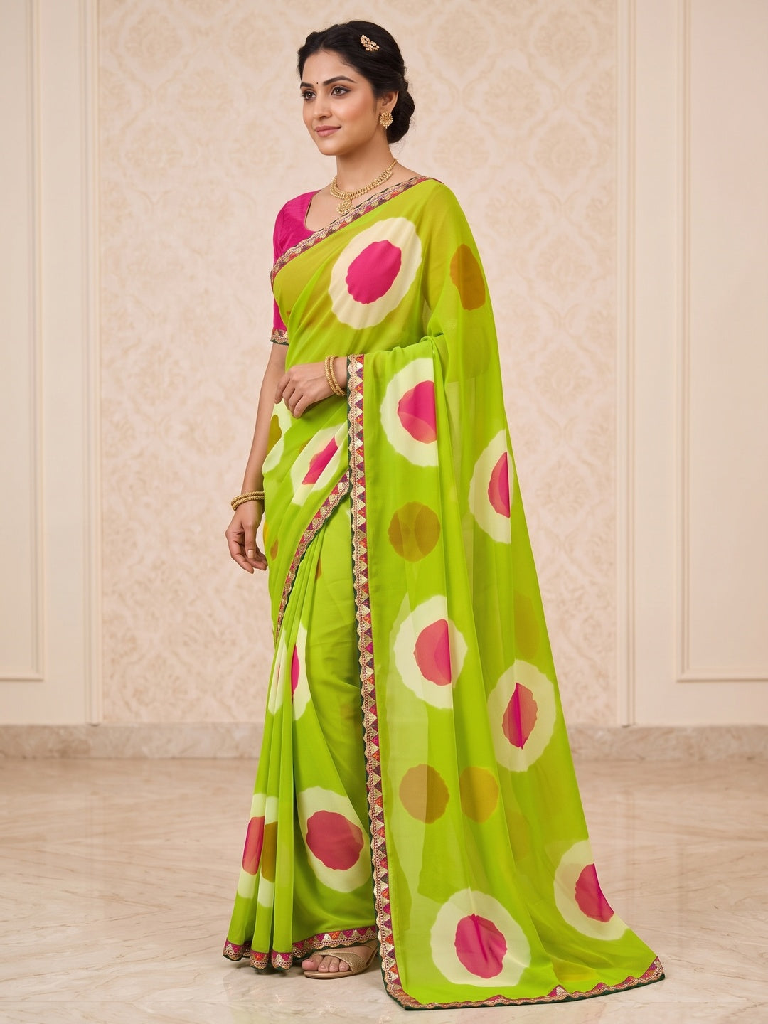 Peachmode Parrot Green Abstract Printed Georgette Saree With Sequin Lace Border - Image 3