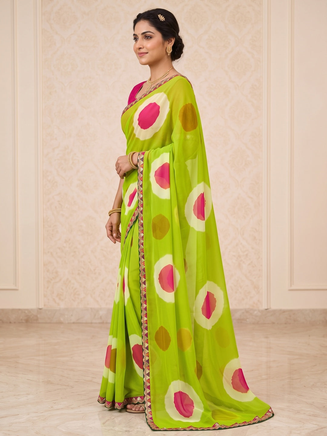 Peachmode Parrot Green Abstract Printed Georgette Saree With Sequin Lace Border - Image 4