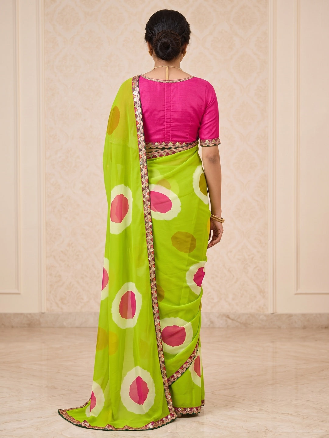 Peachmode Parrot Green Abstract Printed Georgette Saree With Sequin Lace Border - Image 5