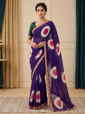 Peachmode Purple Abstract Printed Georgette Saree With Sequin Lace Border - Image 1