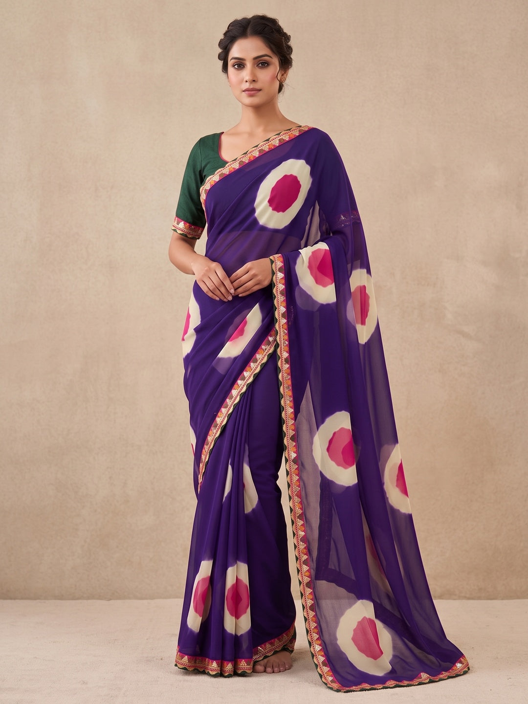 Peachmode Purple Abstract Printed Georgette Saree With Sequin Lace Border - Image 2