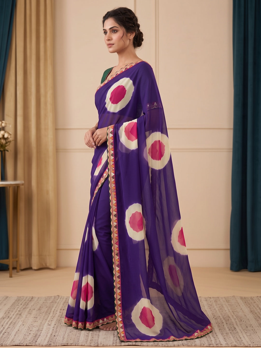 Peachmode Purple Abstract Printed Georgette Saree With Sequin Lace Border - Image 3