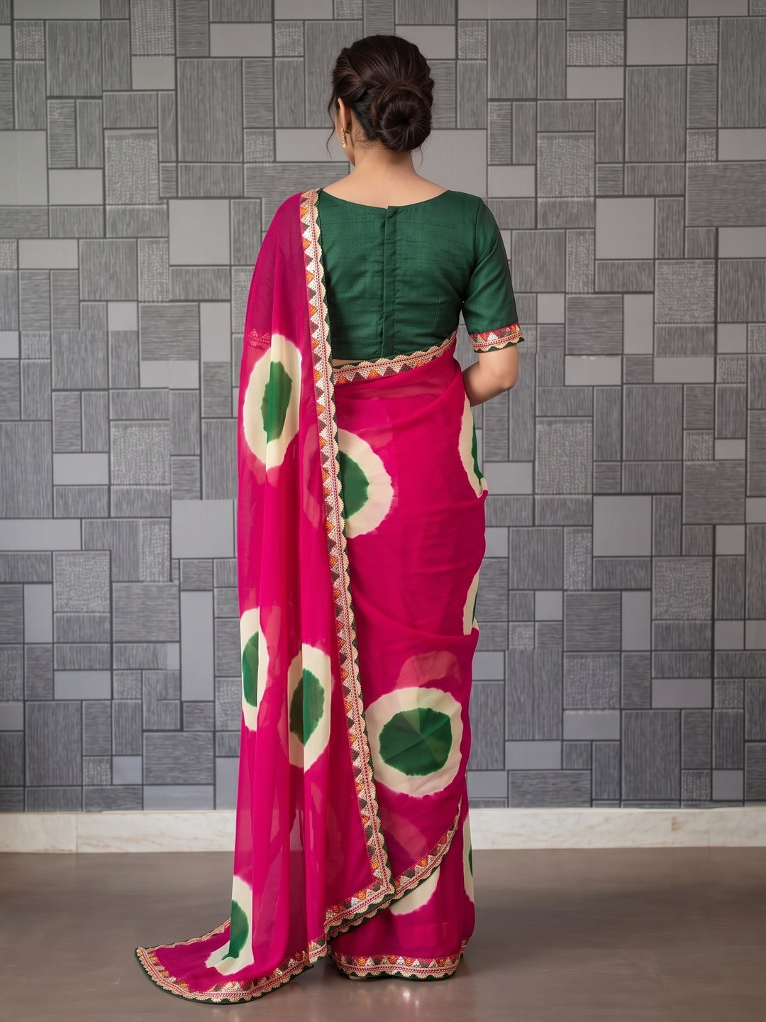 Peachmode Pink Abstract Printed Georgette Saree With Sequin Lace Border - Image 3