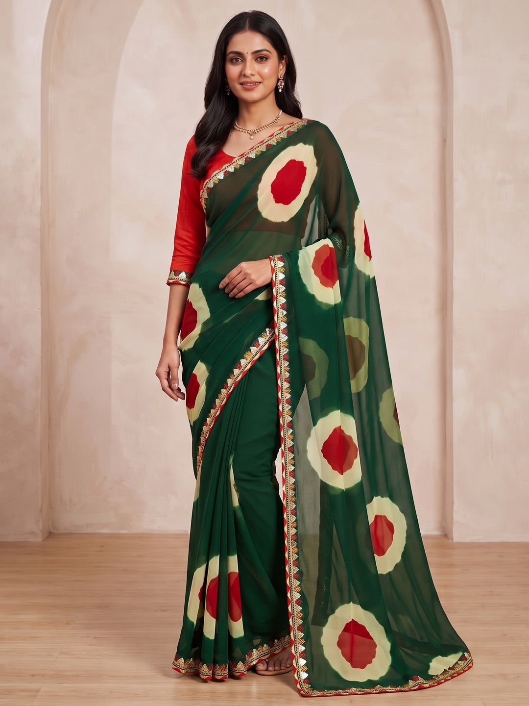 Peachmode Green Abstract Printed Georgette Saree With Sequin Lace Border - Image 2