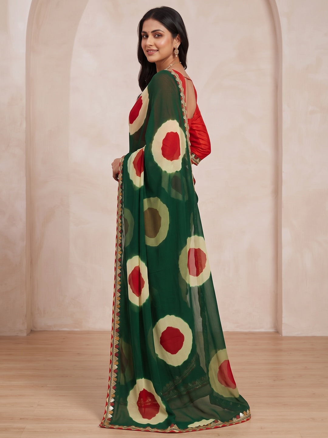 Peachmode Green Abstract Printed Georgette Saree With Sequin Lace Border - Image 3