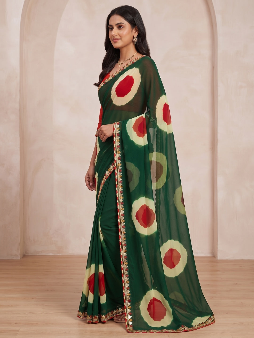 Peachmode Green Abstract Printed Georgette Saree With Sequin Lace Border - Image 4