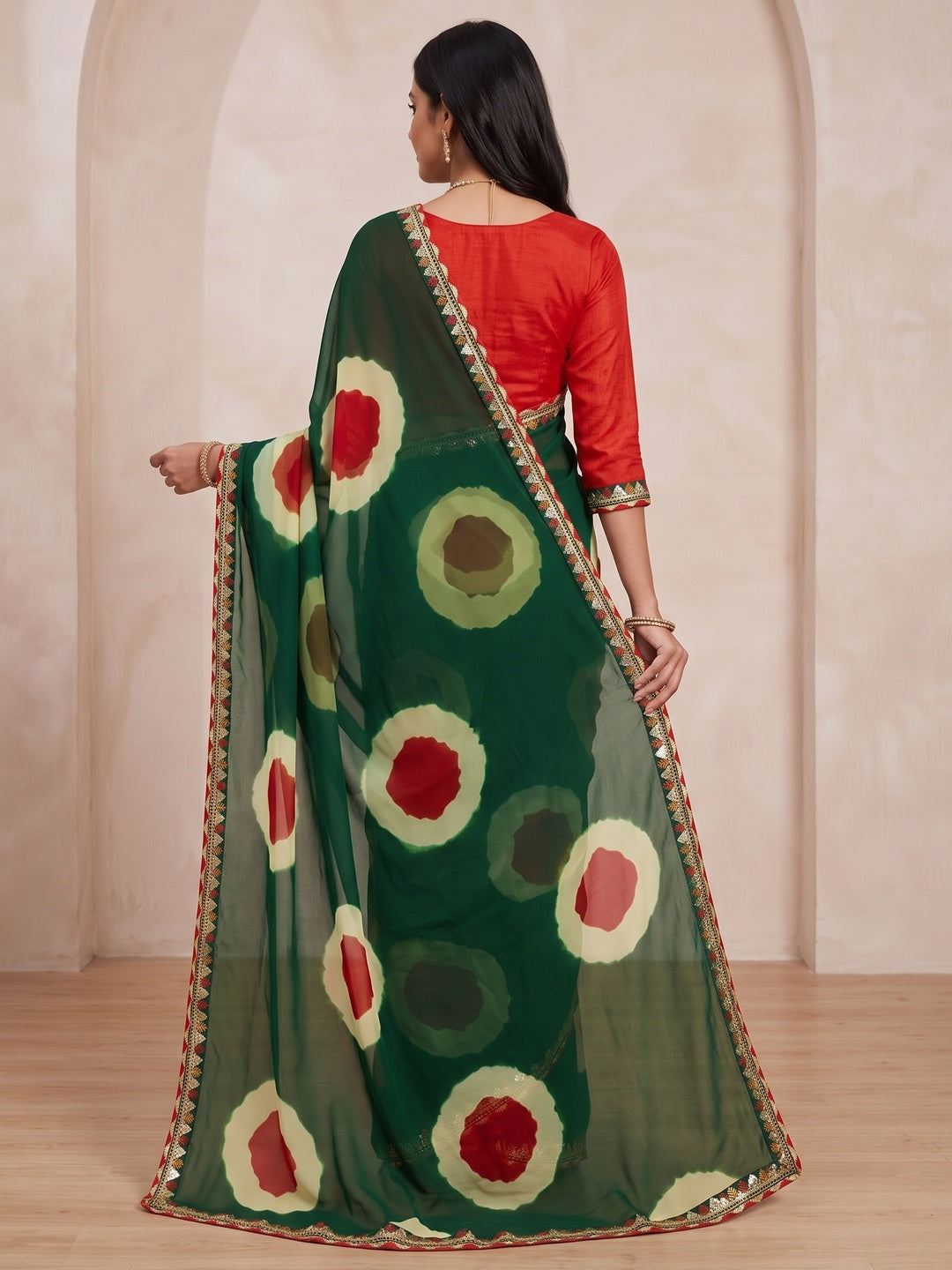 Peachmode Green Abstract Printed Georgette Saree With Sequin Lace Border - Image 5