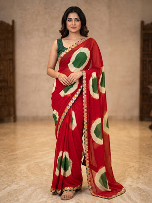 Peachmode Red Abstract Printed Georgette Saree With Sequin Lace Border - Image 1