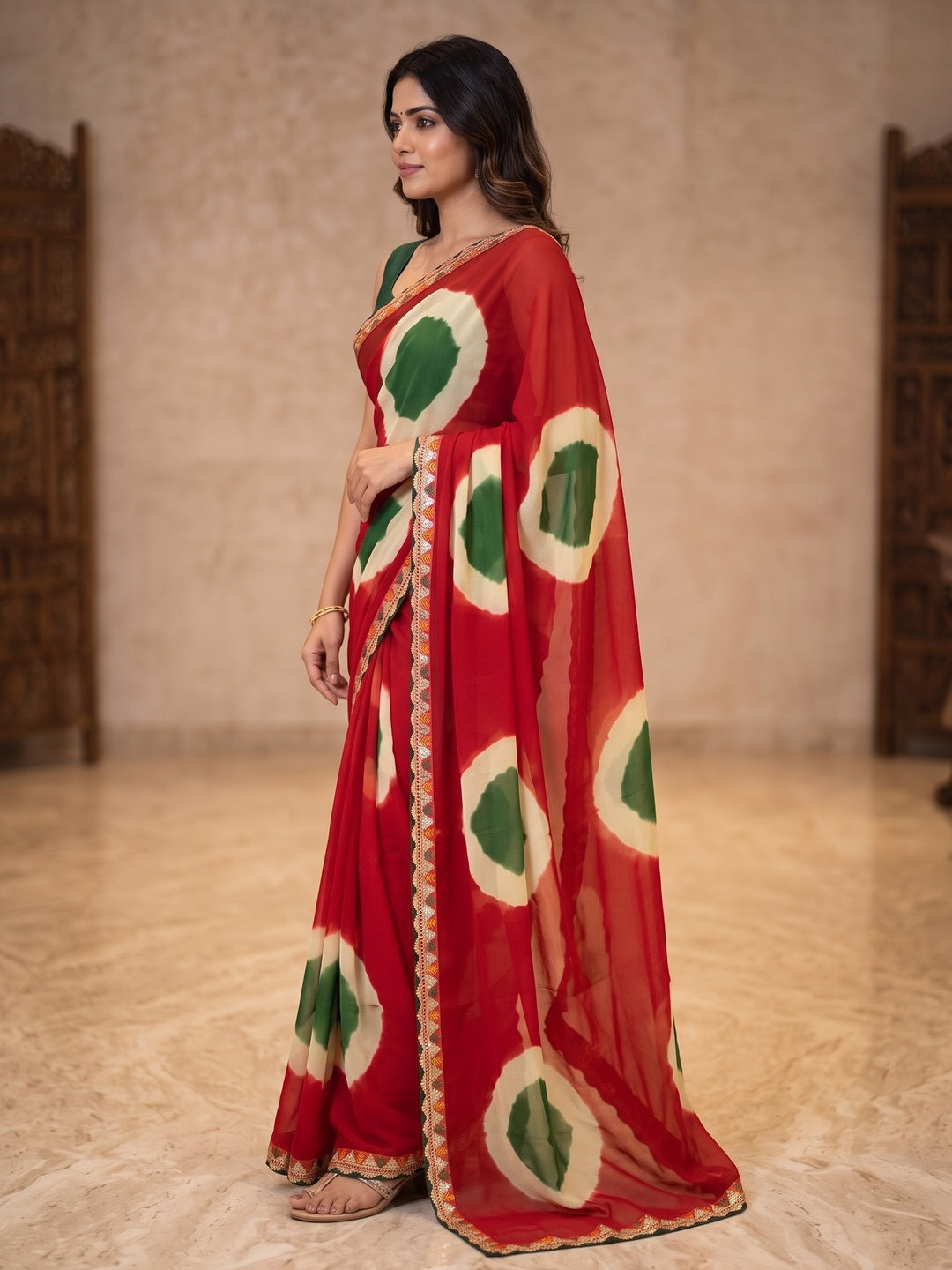 Peachmode Red Abstract Printed Georgette Saree With Sequin Lace Border - Image 2