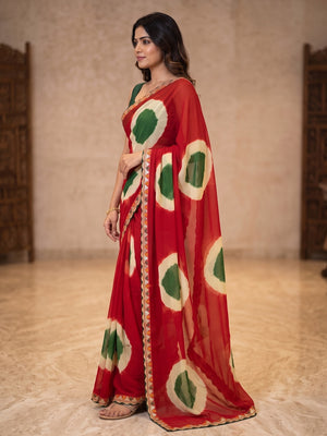 Peachmode Red Abstract Printed Georgette Saree With Sequin Lace Border - Image 2