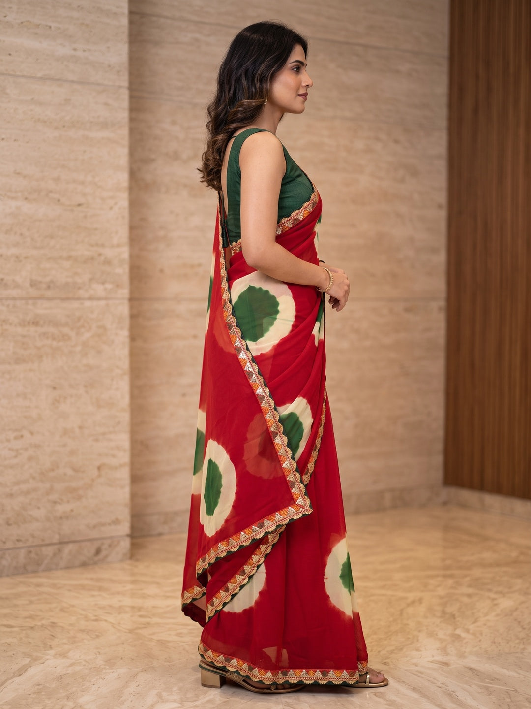 Peachmode Red Abstract Printed Georgette Saree With Sequin Lace Border - Image 3