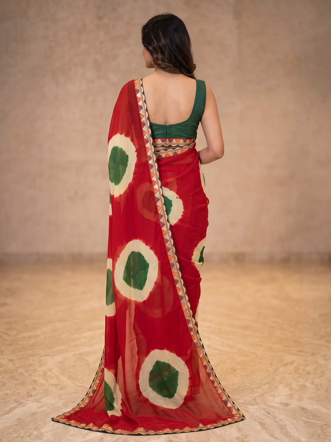 Peachmode Red Abstract Printed Georgette Saree With Sequin Lace Border - Image 4
