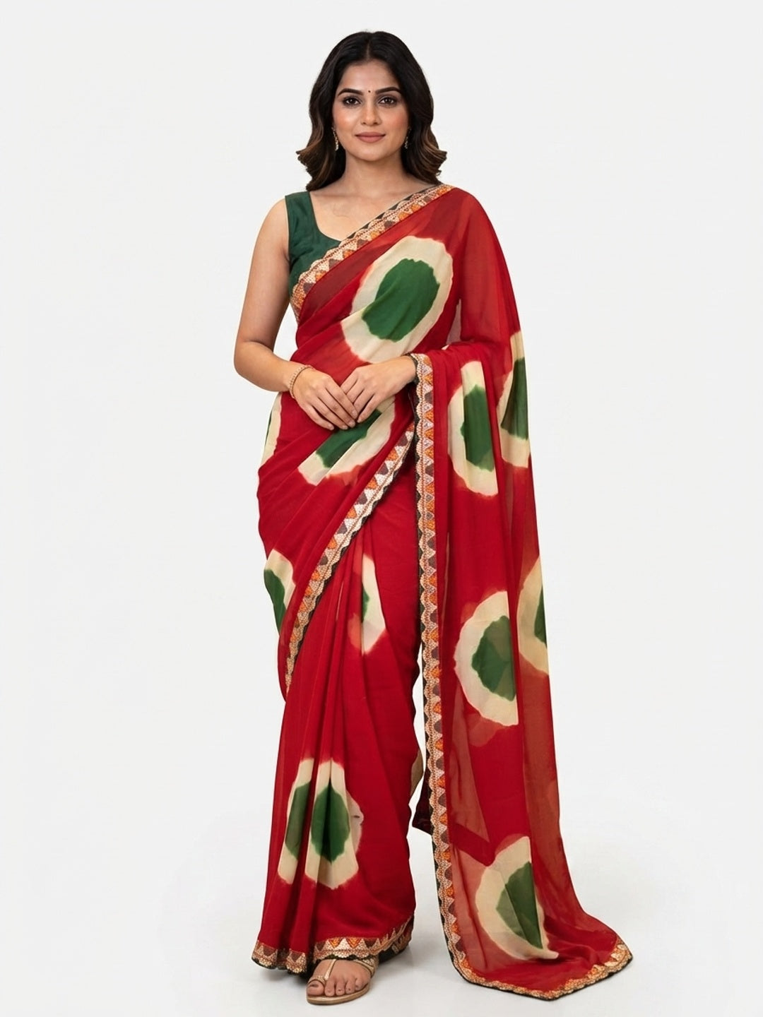 Peachmode Red Abstract Printed Georgette Saree With Sequin Lace Border - Image 5