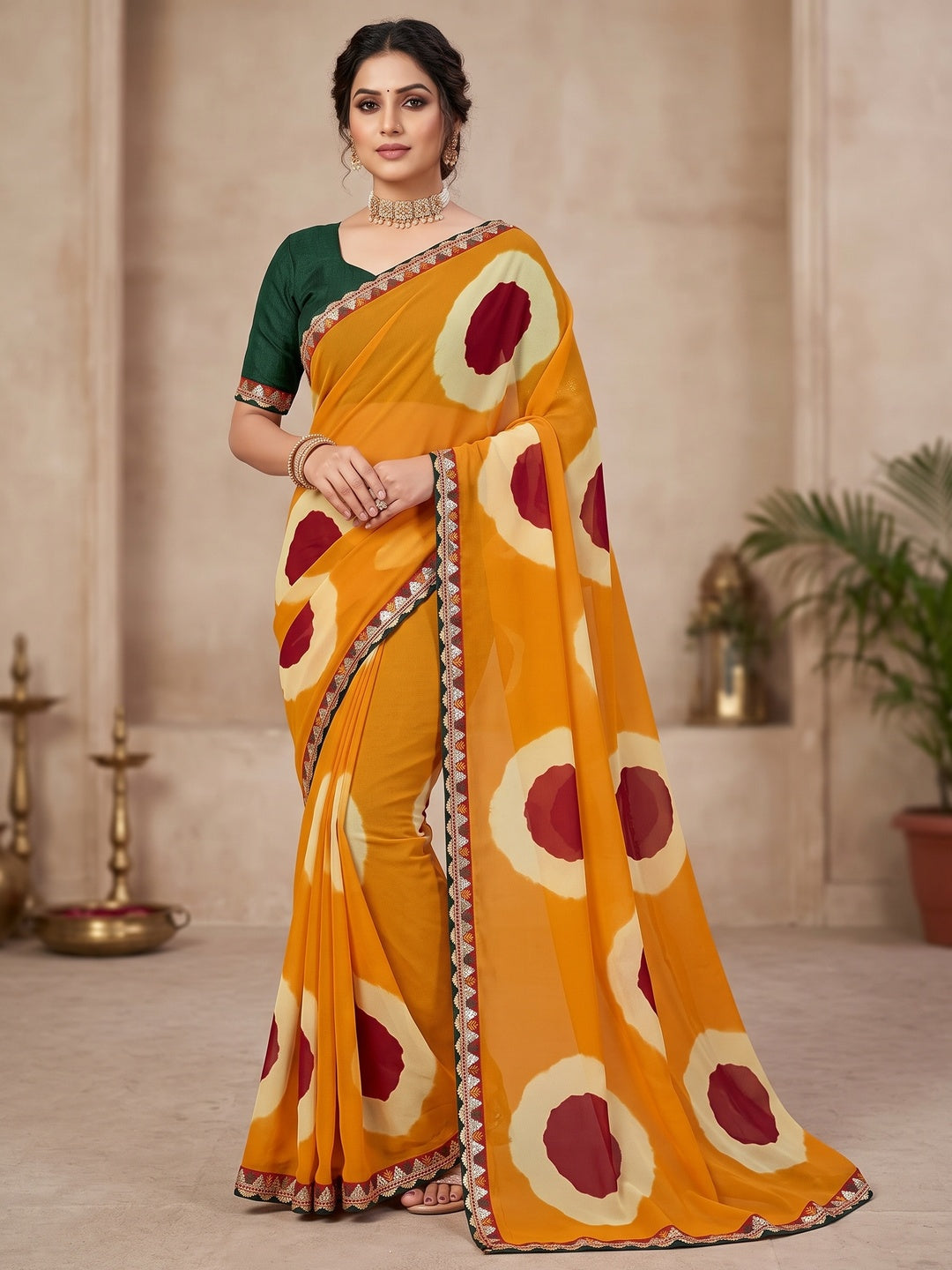 Peachmode Yellow Abstract Printed Georgette Saree With Sequin Lace Border - Image 1