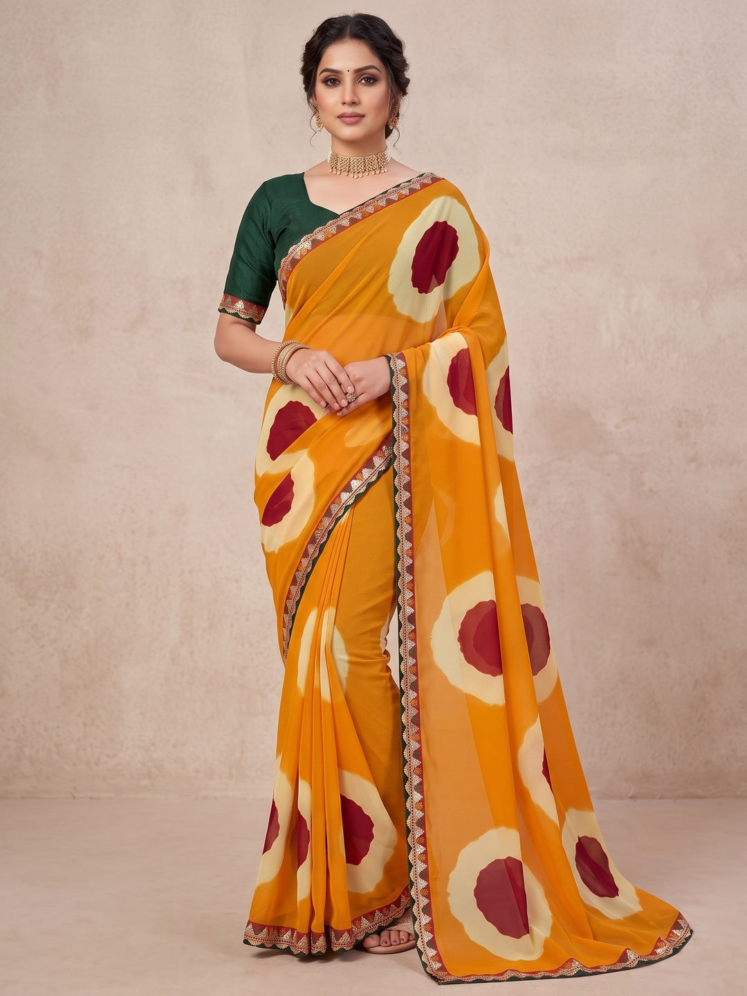 Peachmode Yellow Abstract Printed Georgette Saree With Sequin Lace Border - Image 2