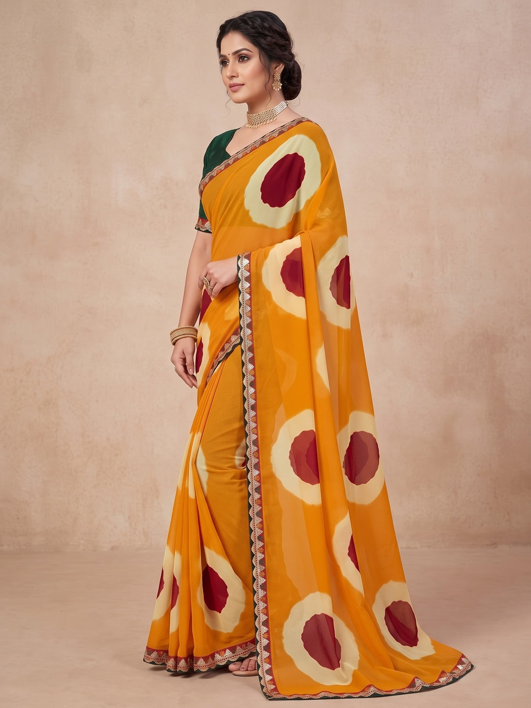 Peachmode Yellow Abstract Printed Georgette Saree With Sequin Lace Border - Image 3