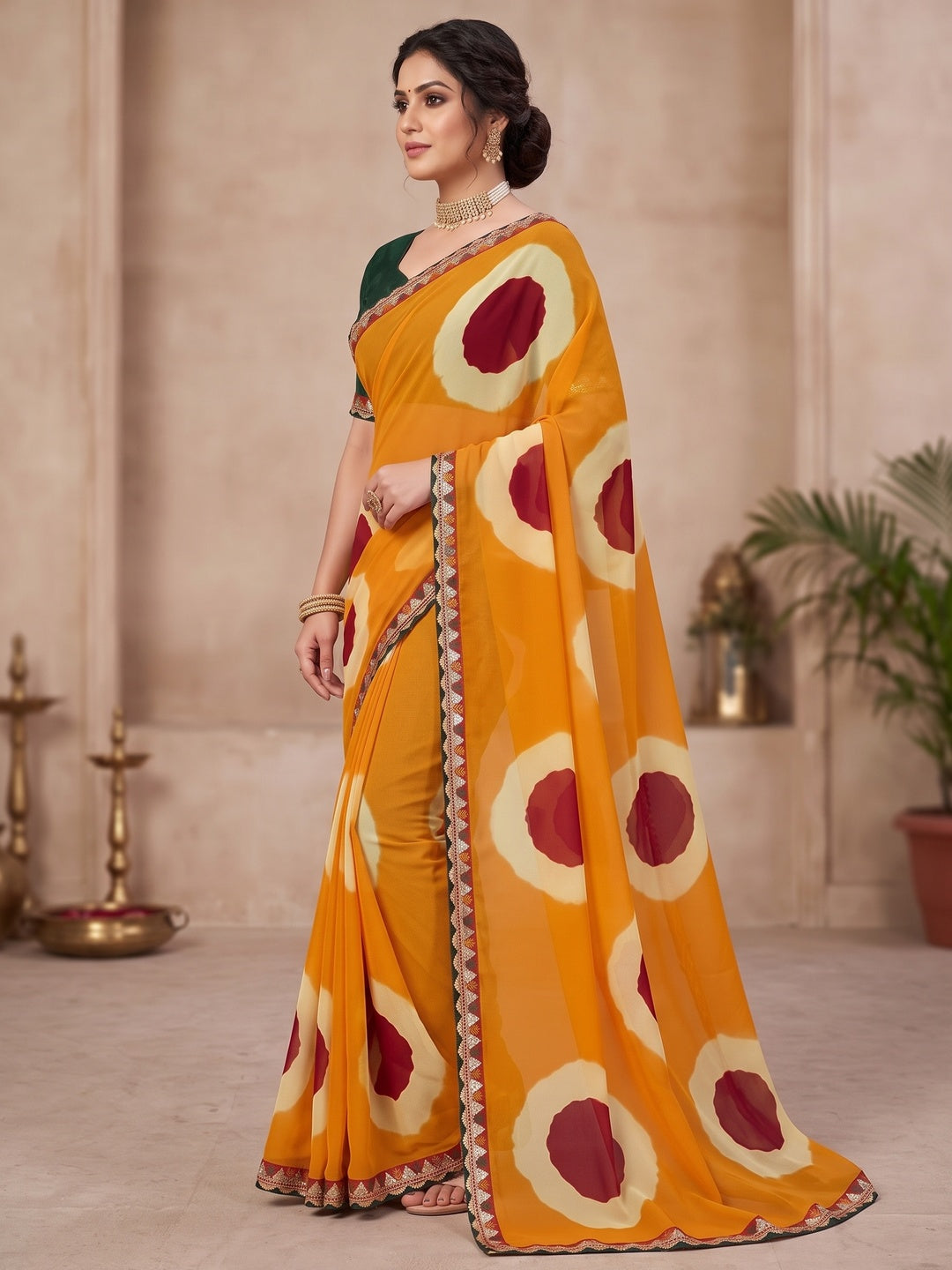 Peachmode Yellow Abstract Printed Georgette Saree With Sequin Lace Border - Image 4
