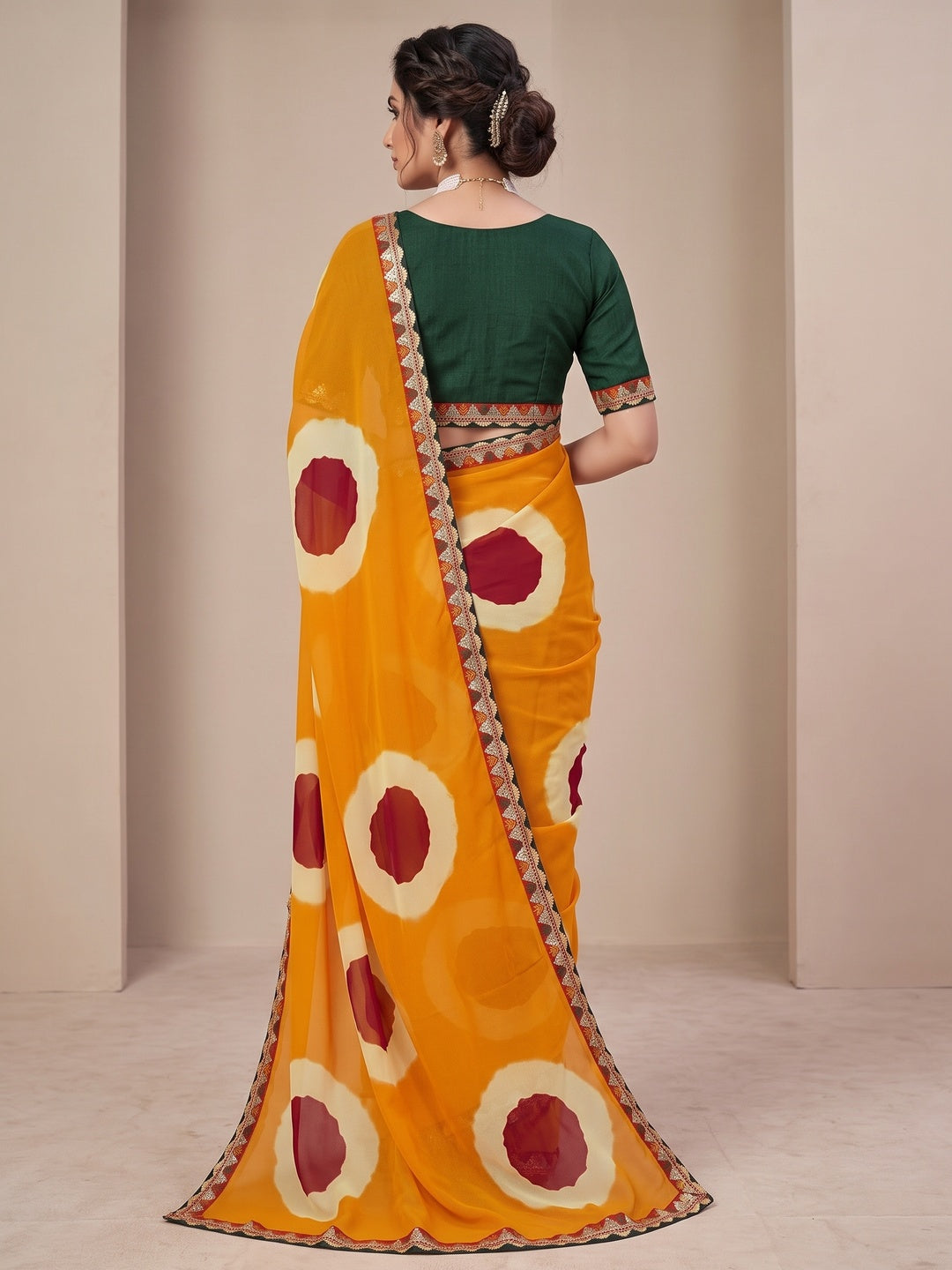 Peachmode Yellow Abstract Printed Georgette Saree With Sequin Lace Border - Image 5