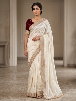 Peachmode Ivory Embroidered Fandy Satin Saree - Image 1
