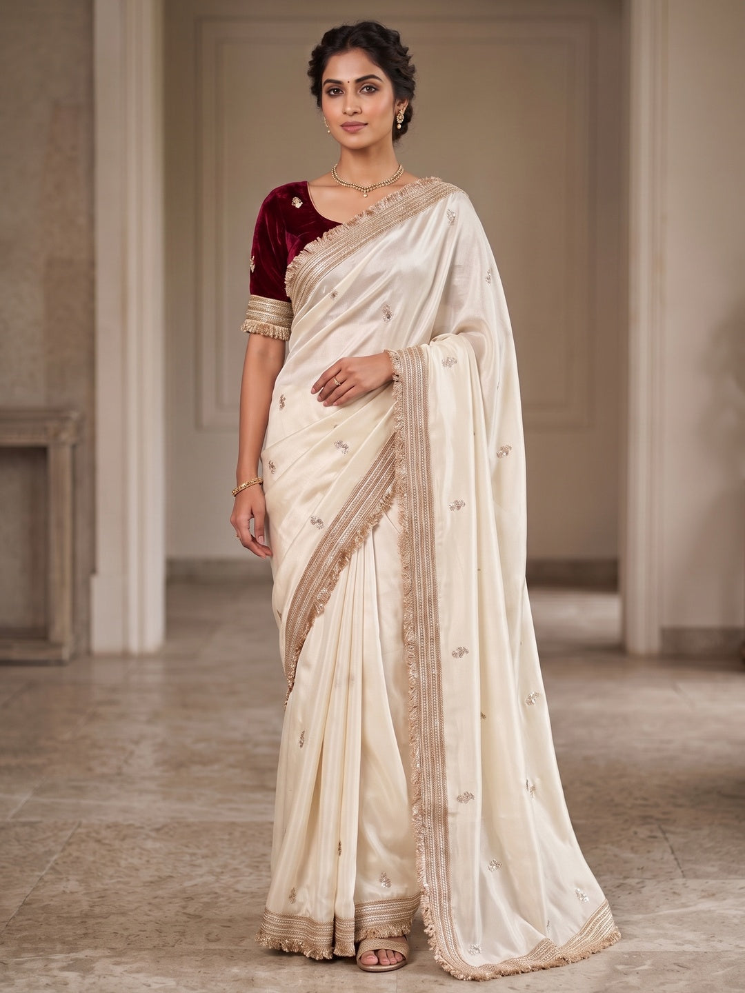 Peachmode Ivory Embroidered Fandy Satin Saree - Image 2