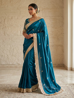 Peachmode Teal Blue Embroidered Fandy Satin Saree - Image 1