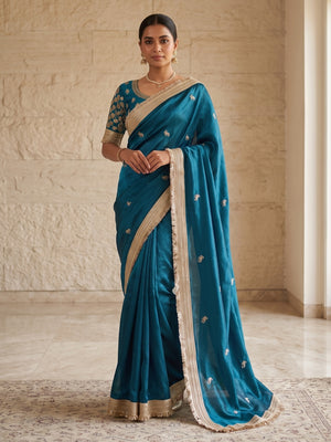 Peachmode Teal Blue Embroidered Fandy Satin Saree - Image 2