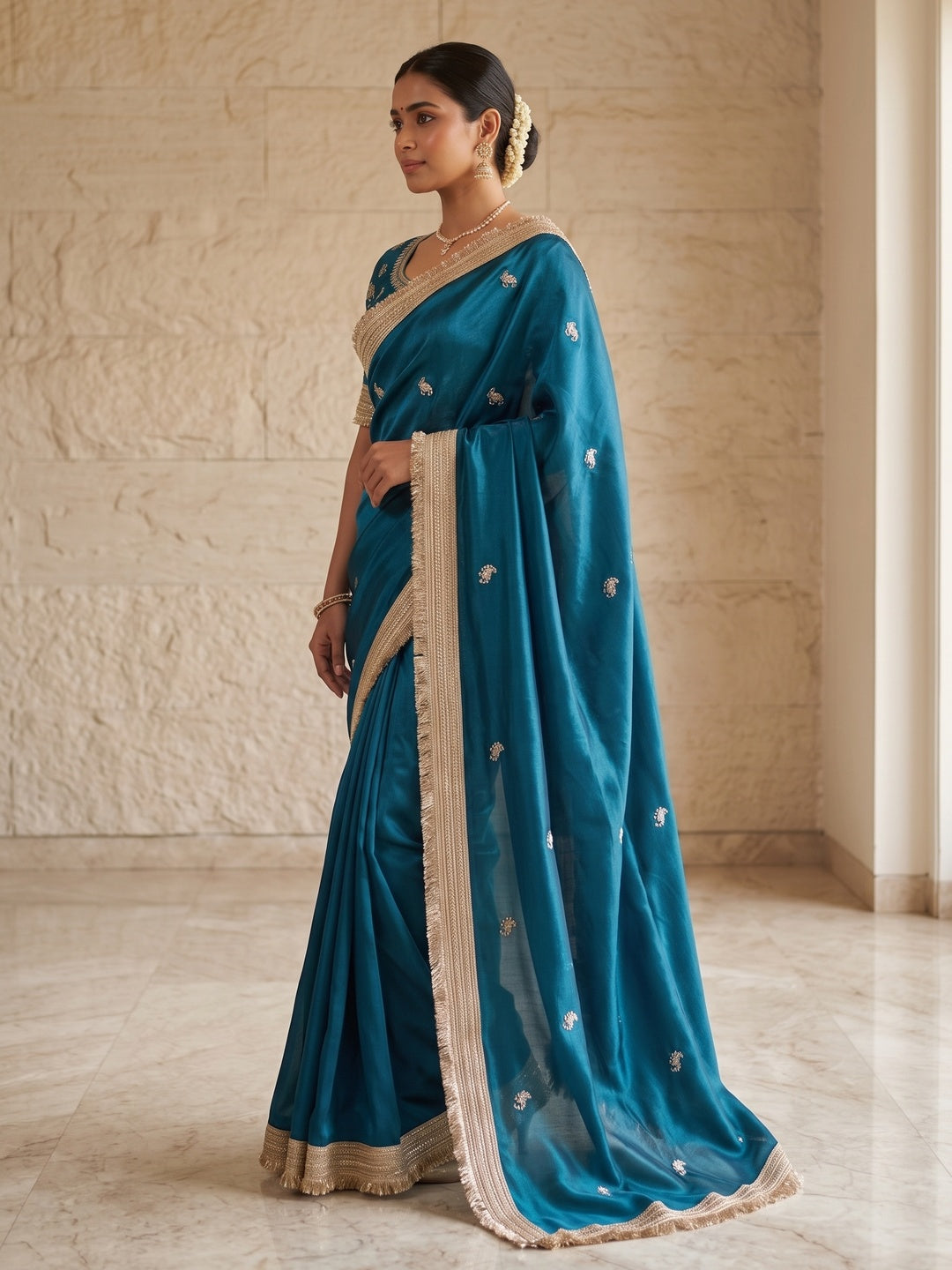 Peachmode Teal Blue Embroidered Fandy Satin Saree - Image 4
