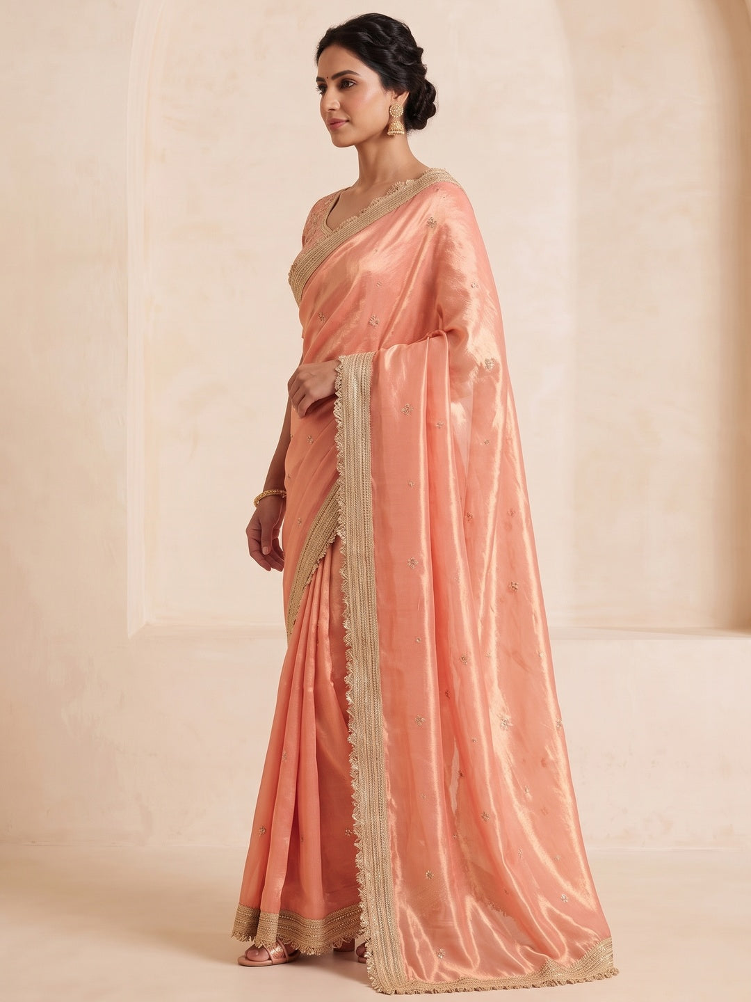 Peachmode Peach Embroidered Fandy Satin Saree - Image 2