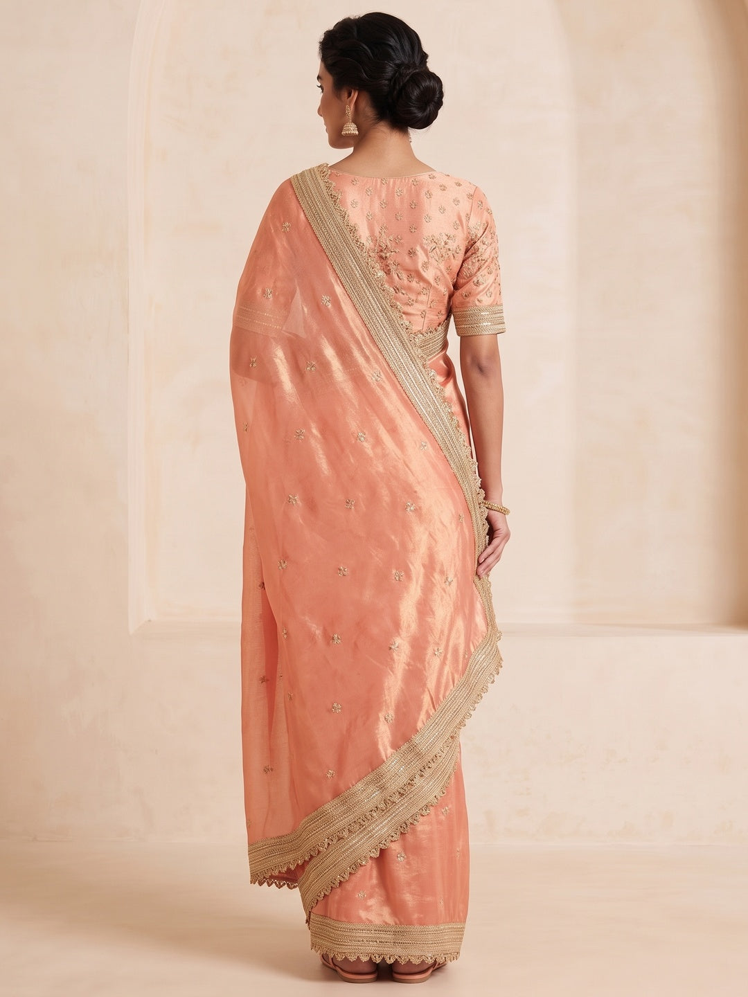 Peachmode Peach Embroidered Fandy Satin Saree - Image 4