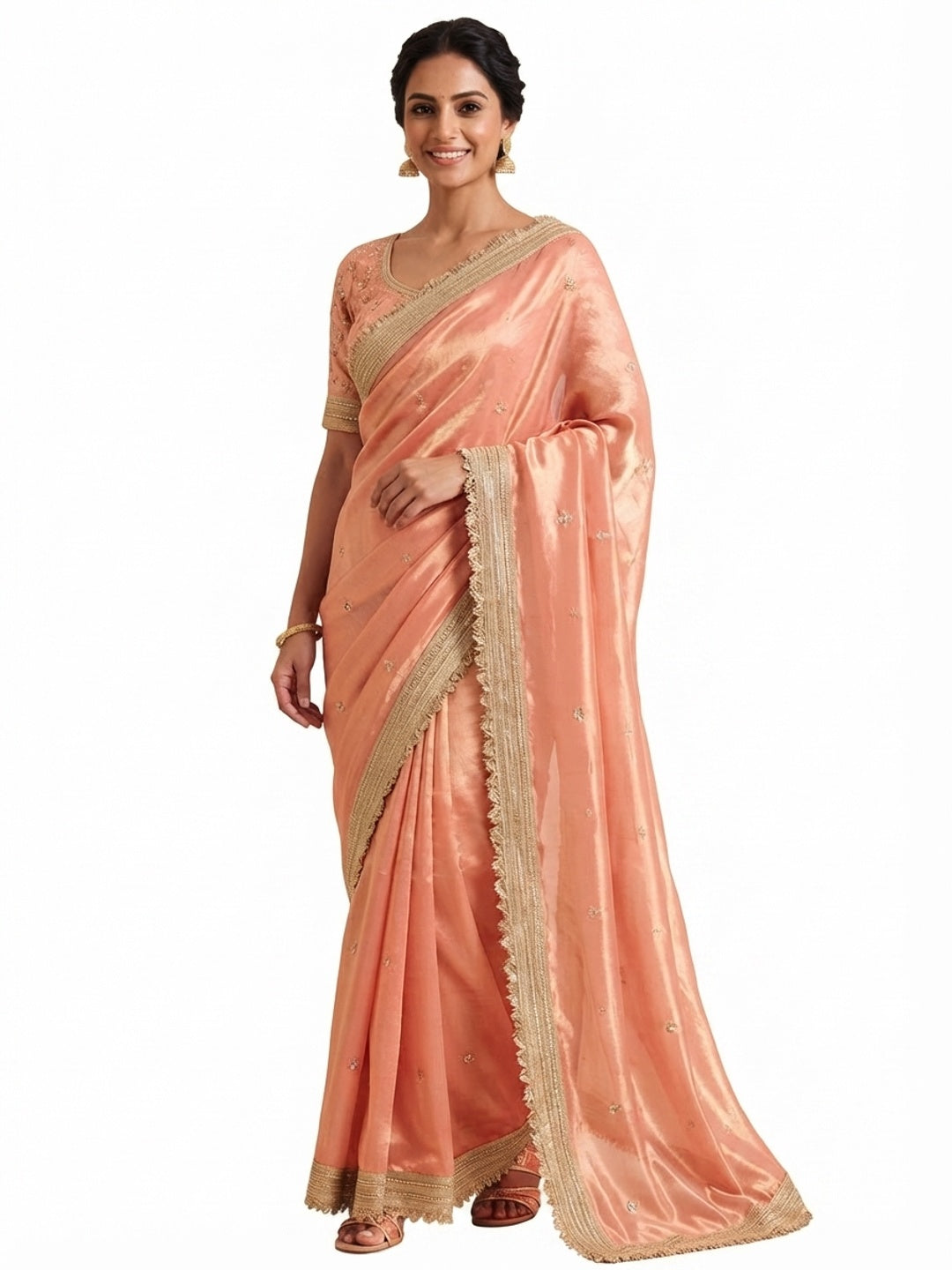 Peachmode Peach Embroidered Fandy Satin Saree - Image 5