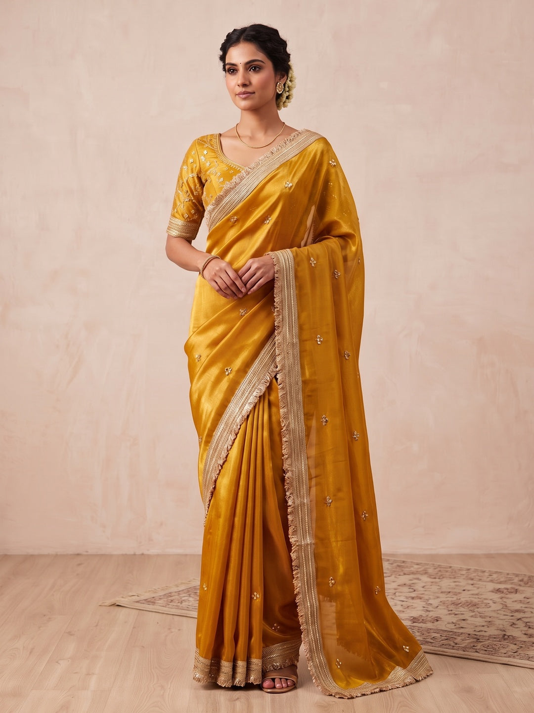 Peachmode Mustard Yellow Embroidered Fandy Satin Saree - Image 2