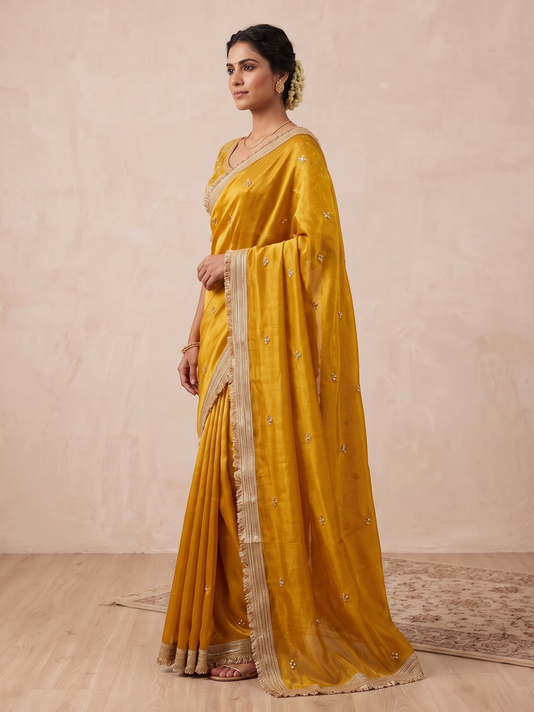 Peachmode Mustard Yellow Embroidered Fandy Satin Saree - Image 3