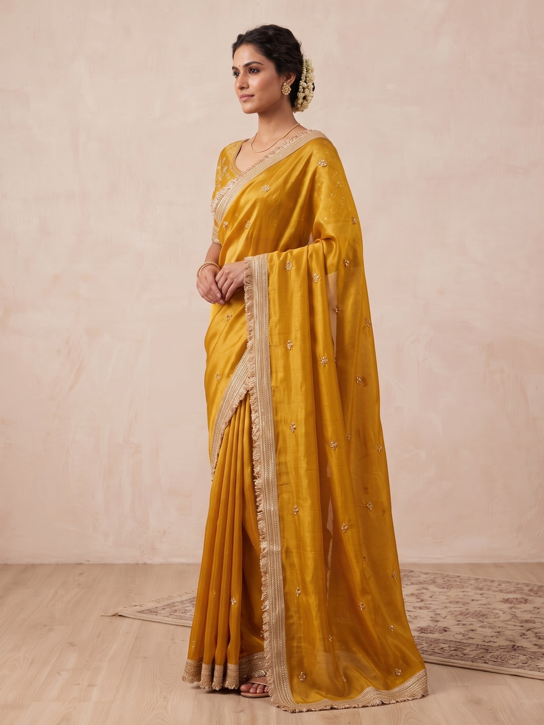 Peachmode Mustard Yellow Embroidered Fandy Satin Saree - Image 4