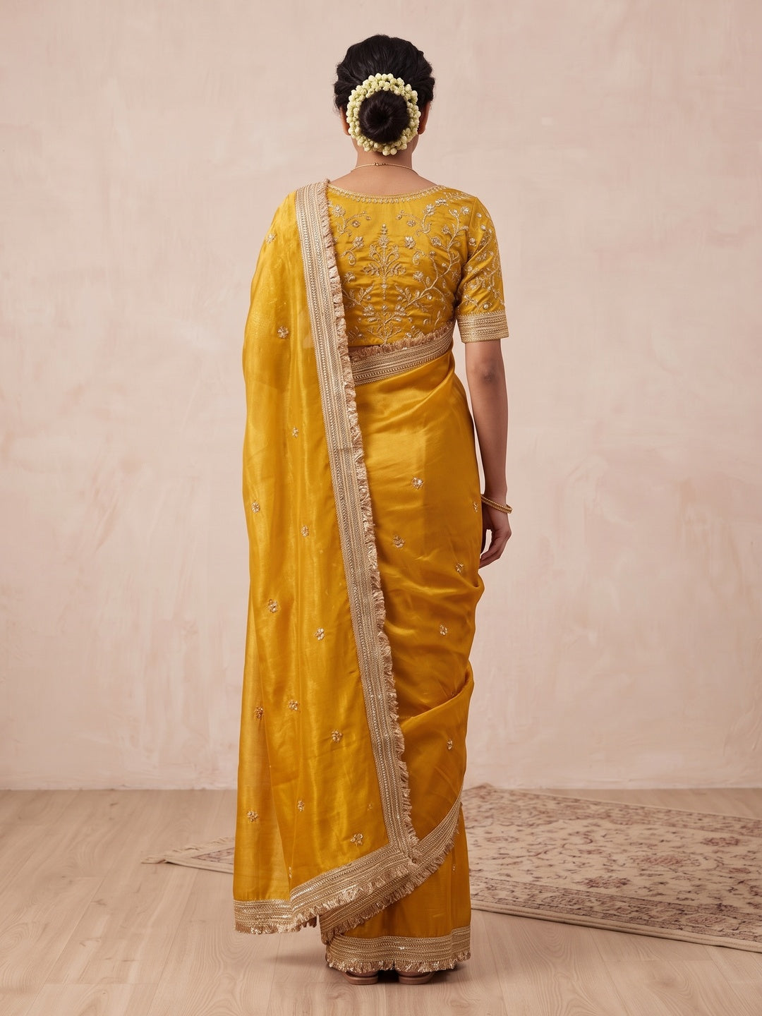 Peachmode Mustard Yellow Embroidered Fandy Satin Saree - Image 5