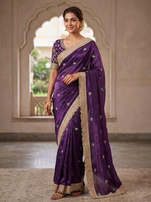 Peachmode Purple Embroidered Fandy Satin Saree - Image 1