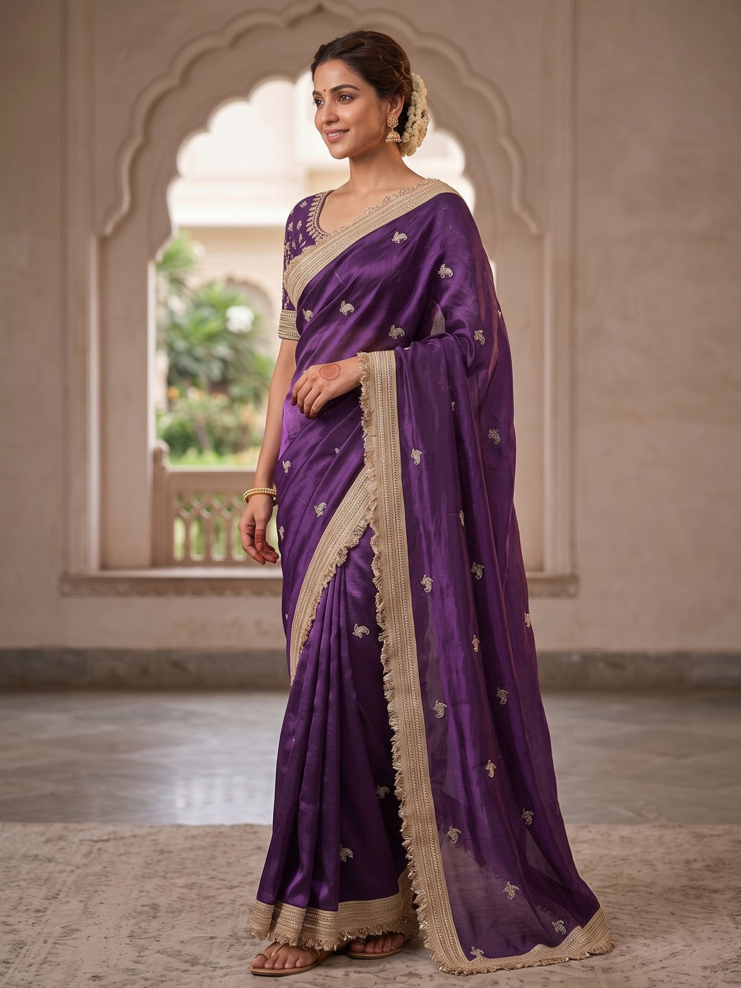 Peachmode Purple Embroidered Fandy Satin Saree - Image 3