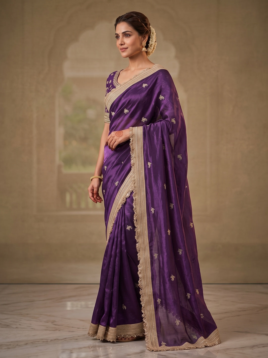 Peachmode Purple Embroidered Fandy Satin Saree - Image 4