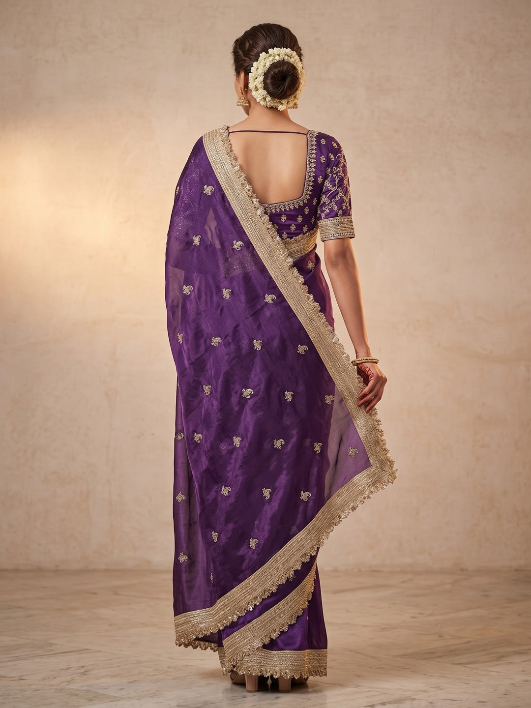 Peachmode Purple Embroidered Fandy Satin Saree - Image 5