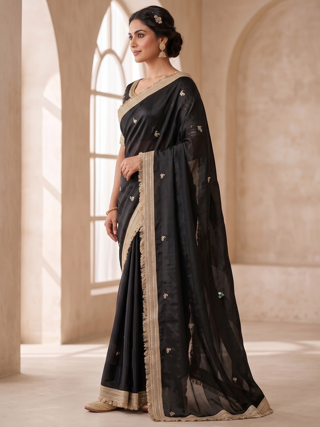 Peachmode Black Embroidered Fandy Satin Saree - Image 4